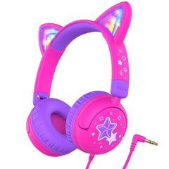 iClever Kids Headphones, LED Light Cat Ear, 85dB Safe Sound, Stereo Headphones for Toddlers, 3.5mm Foldable Wired Headset for Tablet, School, Travel