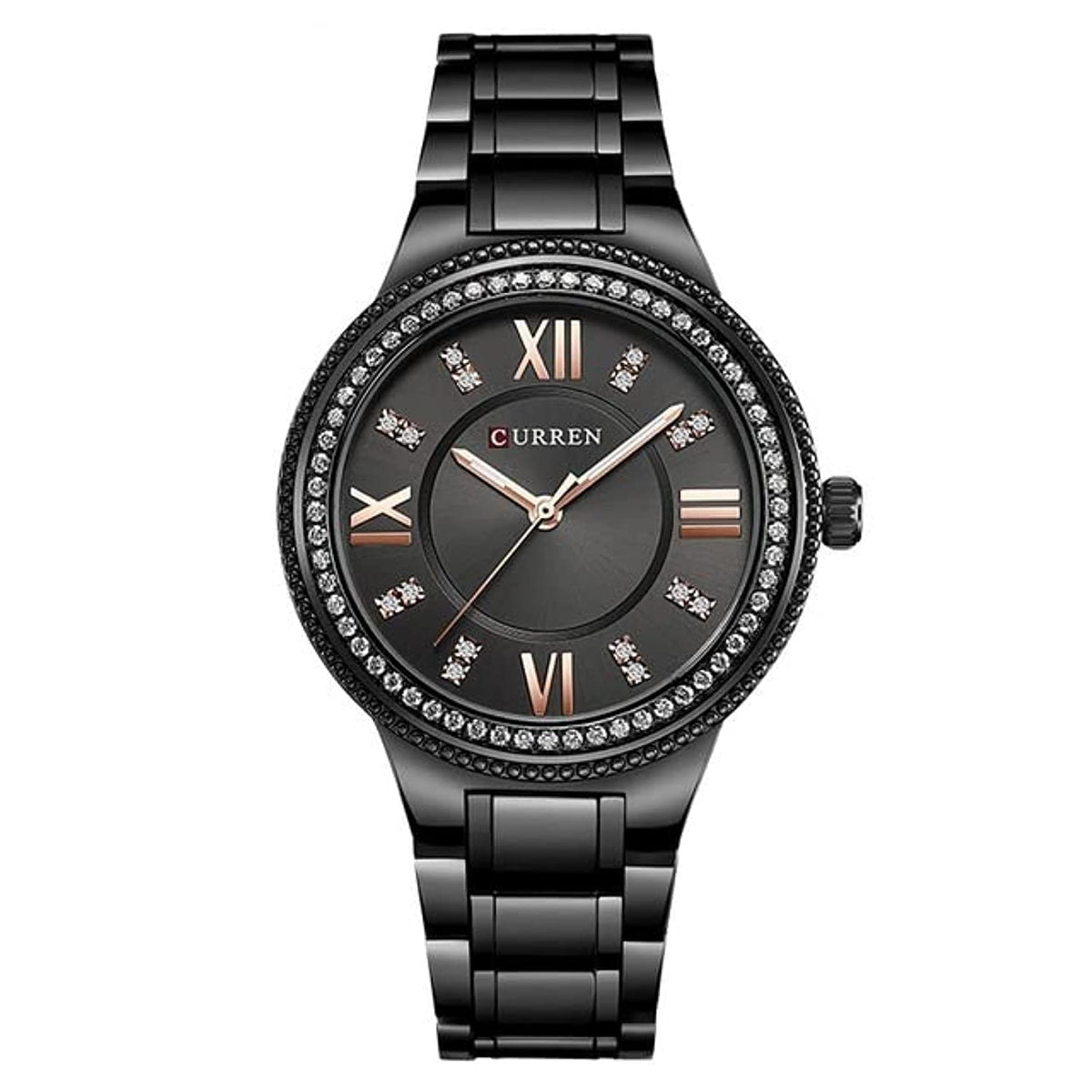 CURREN Ladies Analog Watch Black Stainless Steel Case Black Dial Black Stainless Steel Bracelet