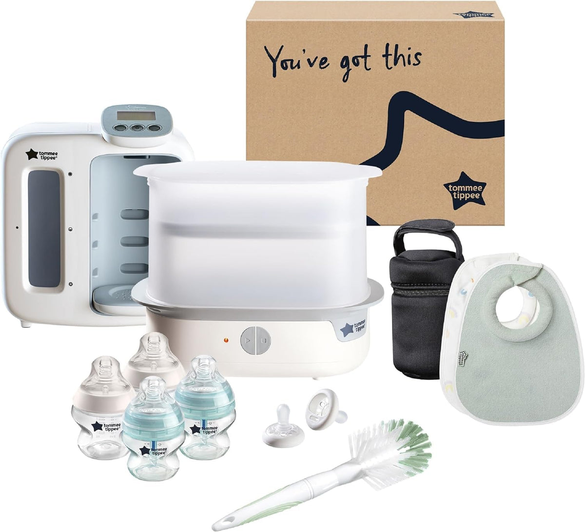 Tommee Tippee Ultimate Formula Feeding Kit White Gift set - Electric Steam Sterilizer/ Perfect Prep Day & Night/Closer to Nature bottles/Insulated bottle bag/Breast-Like soothers