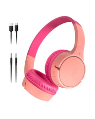Belkin SoundForm Kids Mini Wireless Headphones with Built-in Mic, 30 Hours Playtime & Fun Stickers - Over-Ear Headphones for Online Learning, School, Travel, iPhone, iPad & Galaxy - Pink