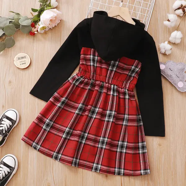 PATPAT Kid Girl Plaid Colorblock Hooded Long-sleeve Dress Plaid