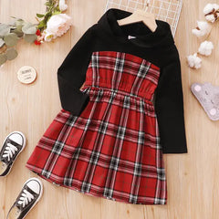 PATPAT Kid Girl Plaid Colorblock Hooded Long-sleeve Dress Plaid