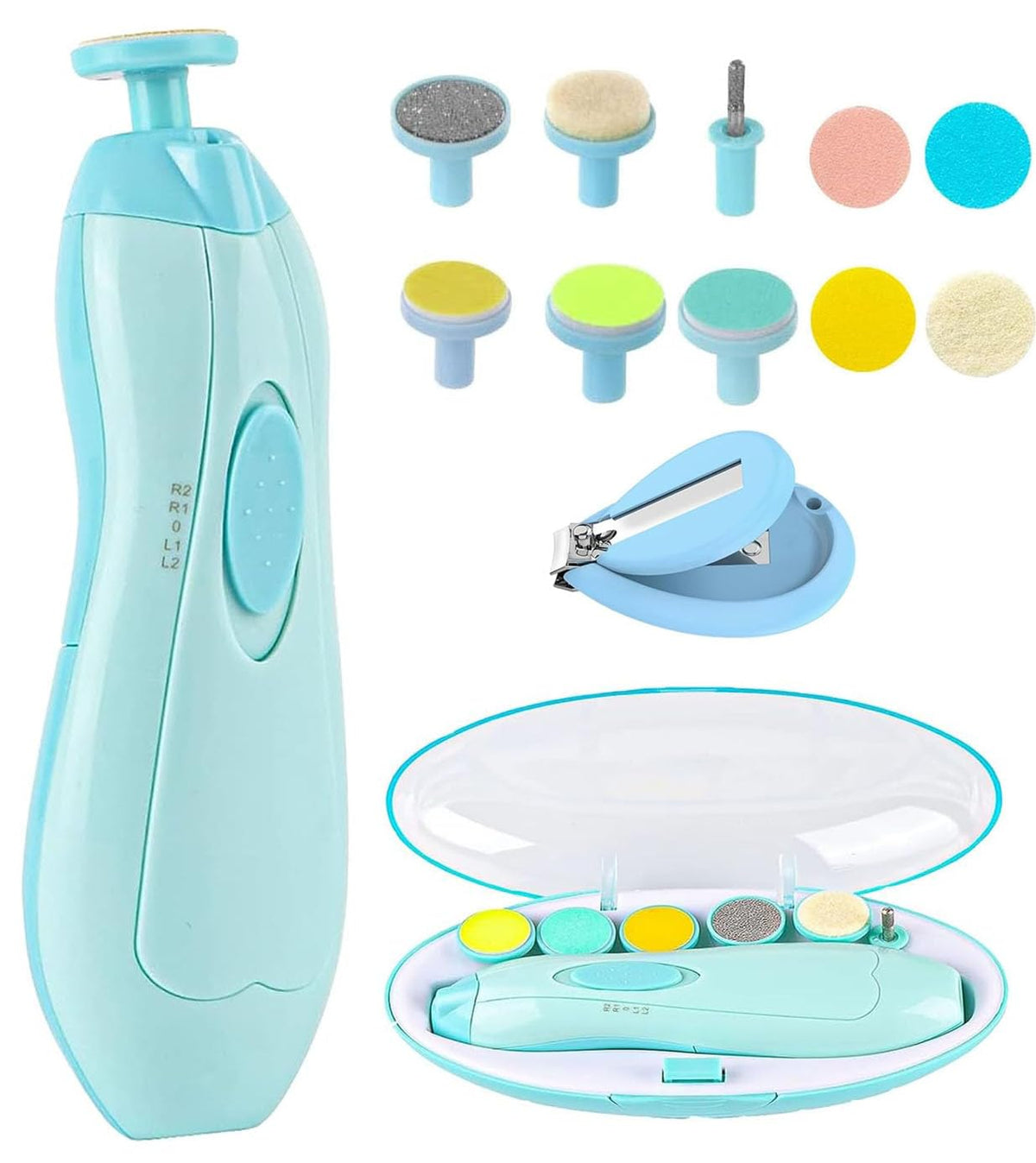 Gnker Baby Nail Trimmer File Electric Safe Nail Clippers with Light for Newborn or Toddler Toes and Fingernails, 12 in 1 with 4 Replacement Pads and Nail Cutter