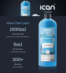 ICan London Sea Salt Shower Gel, Invigorating and Exfoliating, 1000ml