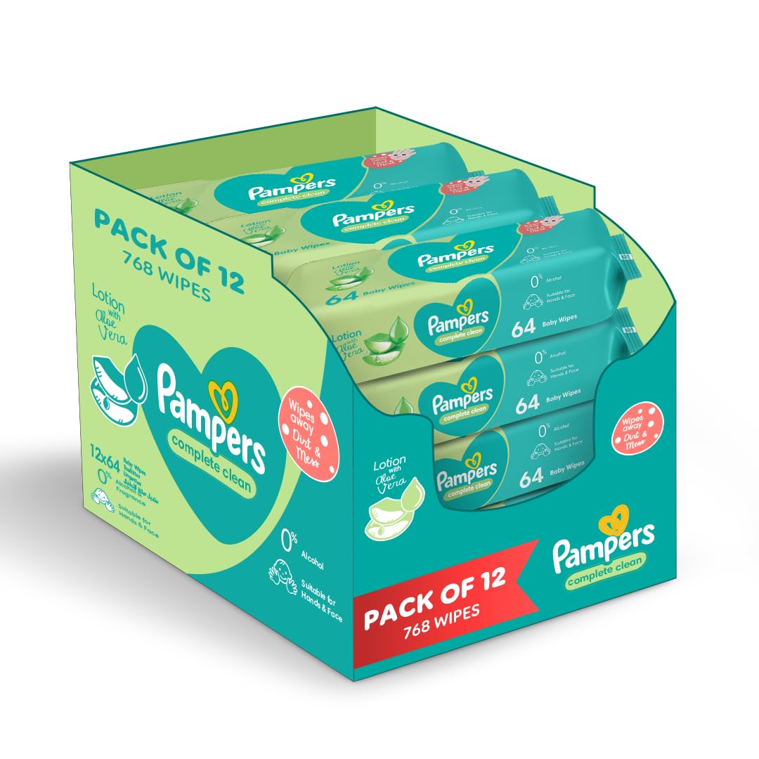 Pampers Complete Clean Baby Wipes with Aloe Vera Lotion for Hands & Face, 12 Packs, 768 Count (Item packing may vary)
