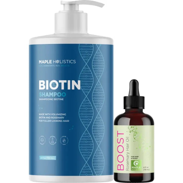 Maple Holistics BOOST Biotin Hair Oil plus Biotin Shampoo Set - Hair Thickening Rosemary Hair Oil with Castor plus Volumizing Biotin Shampoo for Men and Women