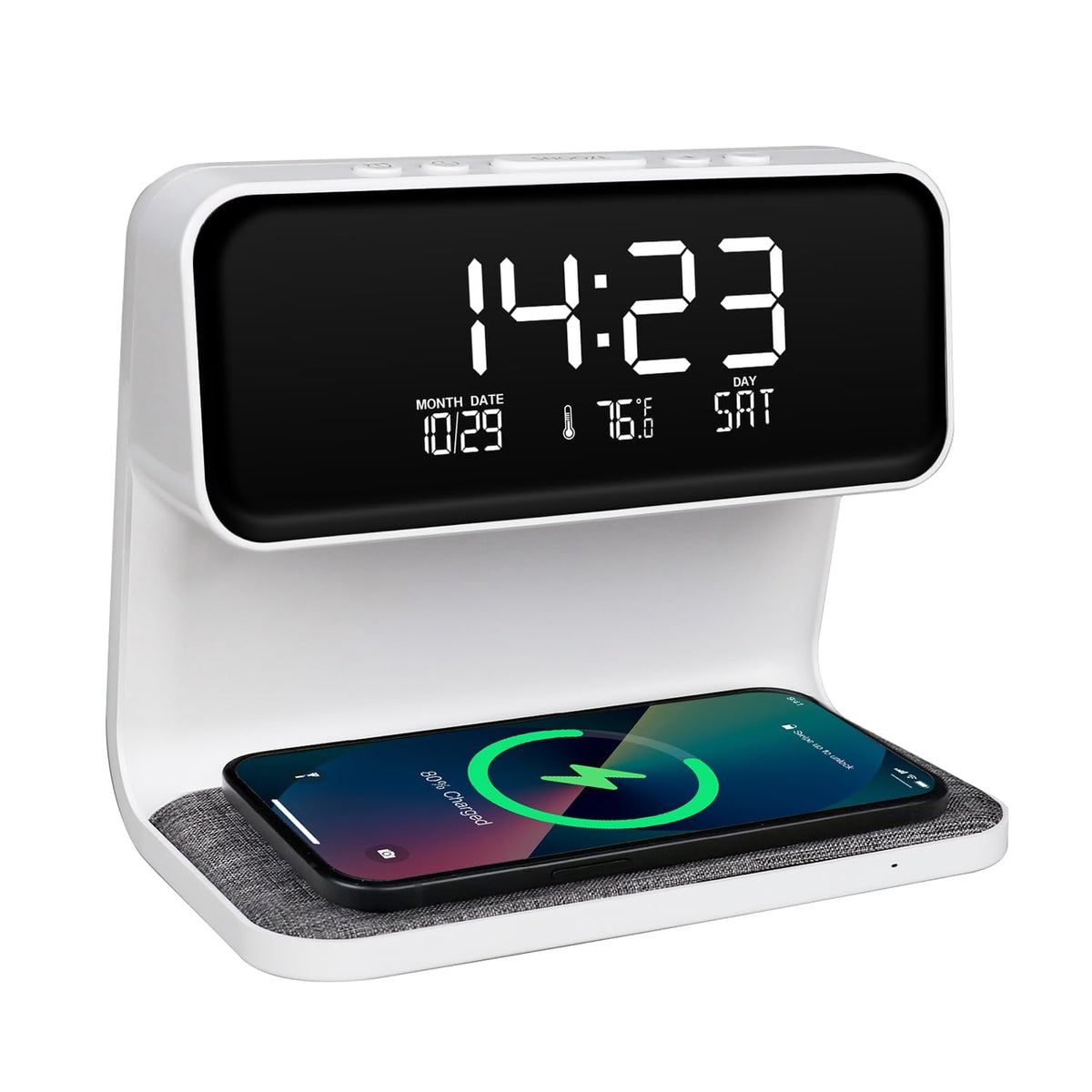 NALACAL Wireless Charging Alarm Clock 15W Max for Heavy Sleepers Digital Clock with Date and Temperature Night Light Desk Clock with Phone Charger Electronic LED Display for Office Bedroom Livingroom