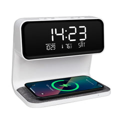 NALACAL Wireless Charging Alarm Clock 15W Max for Heavy Sleepers Digital Clock with Date and Temperature Night Light Desk Clock with Phone Charger Electronic LED Display for Office Bedroom Livingroom