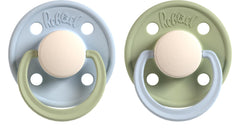 Rebael Duo Newborn Dummies 0-6 Months - Comforting Natural Rubber Round Pacifier, Safe and Easy to Sterilise Baby Soothers - 2 Pack Newborn Essentials | Flint & Pistachio