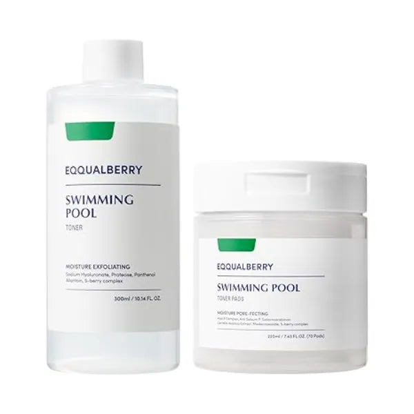 EQQUALBERRY Swimming Pool Toner & Toner Pads Set Hydrating & Exfoliating Duo for Pore Care and Smooth, Radiant Skin Korean Vegan Skincare with Hyaluronic Acid & Centella