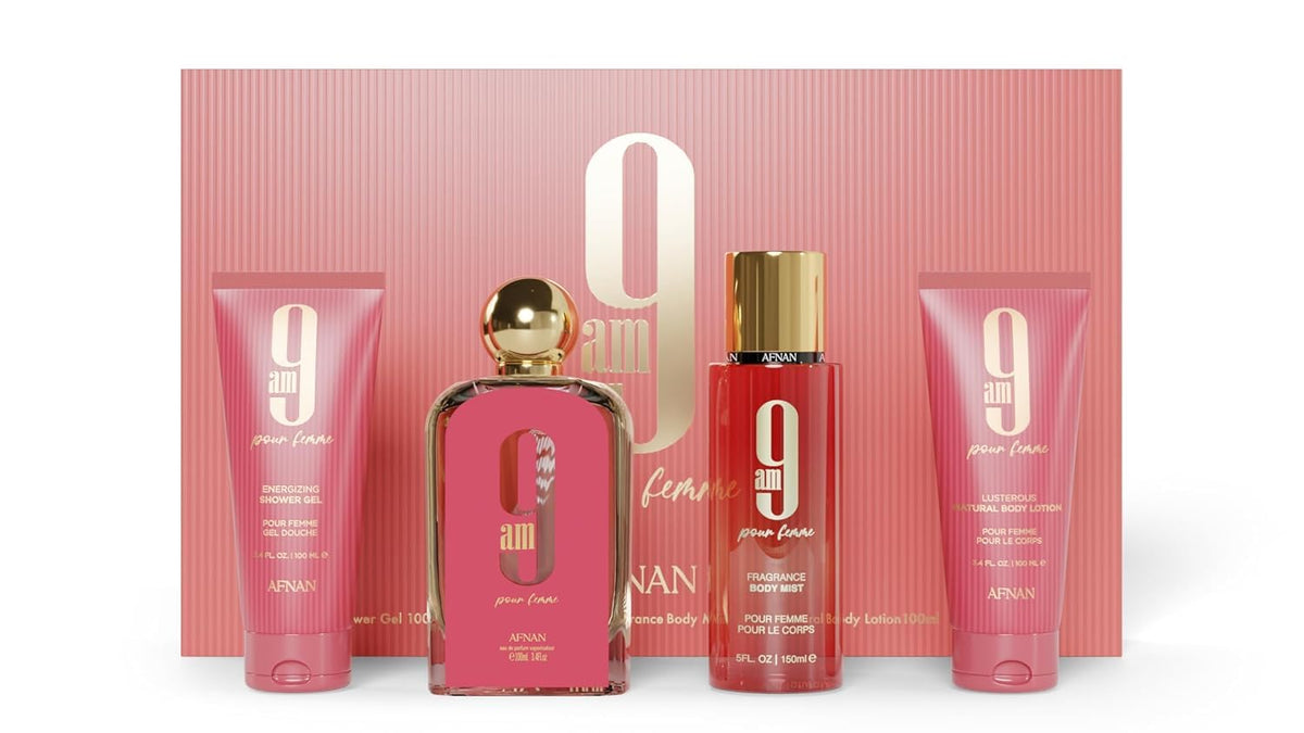 AFNAN Gift Set 9 AM Femme Eau De Parfum 100 ML + Shower Gel 100 ML + Body Lotion100 ML + Body mist 150 ML, Perfume Gift Set For Women