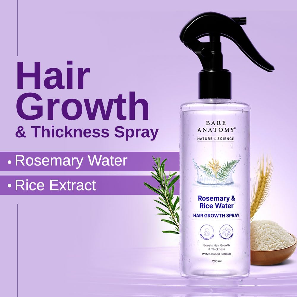 Bare Anatomy Nature x Science Rosemary Water Spray for Hair Growth & Hair Thickness with Rice Water |100% Natural Extract | Soft & Smooth Hair| Controls Hairfall| Non-Greasy & Fast Absorbing | 200 ml