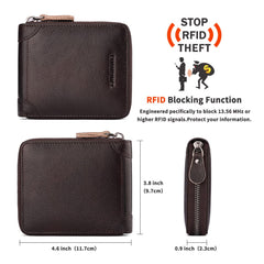 CHANPINCL Mens Genuine Leather Zipper Wallet RFID Secure Large Capacity Double Fold Multi-card Leather Wallets for Men and coin purse (Coffee)