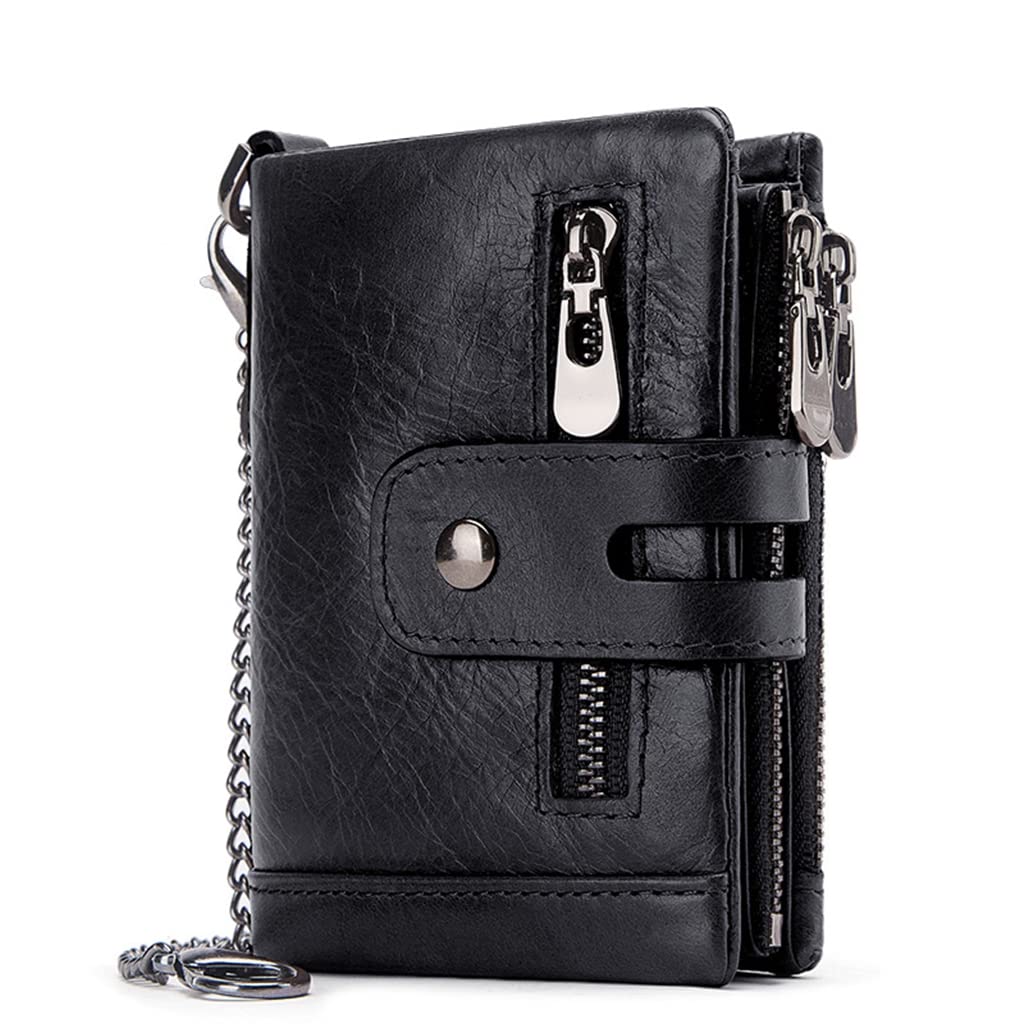 SLGOL Mens Chain Wallets with Anti-Theft Chain, Genuine Leather Purse RFID Blocking Bifold Wallet with Coin Pocket Purse (Black)