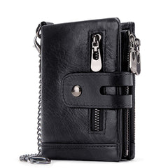 SLGOL Mens Chain Wallets with Anti-Theft Chain, Genuine Leather Purse RFID Blocking Bifold Wallet with Coin Pocket Purse (Black)