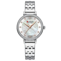 CURREN New Simple Thin Quartz Watch Women's Silver Stainless Steel Wrist Watch With Rhinestones - SILVER