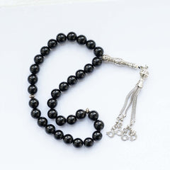 MIACIA 10mm Tasbih Prayer Beads Natural Black Agate Stone Islamic Misbaha Prayer Rosary Beads Muslim Islam Misbaha Bracelet Moon Tasbeeh Sibha 33 Prayer Beads Hand Bracelets, 10mm, Glass, Agate