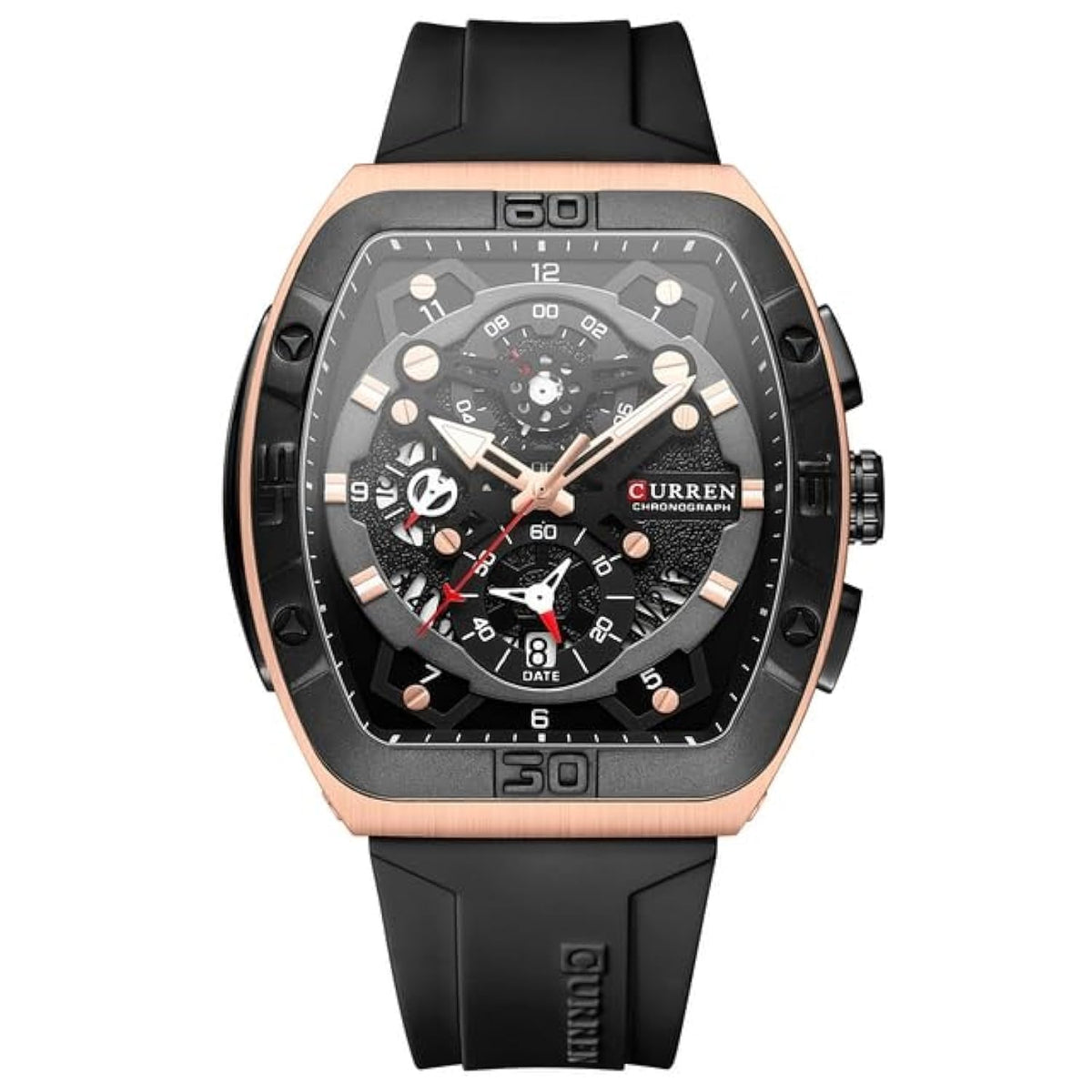 CURREN 8443 Men's Waterproof Quartz Calendar Tape Multifunctional Watch Men's Watch Silicone Band With Orrignal Cureen Box - BLACK