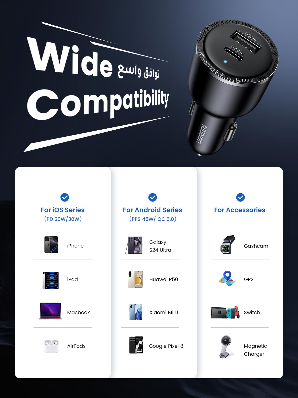 UGREEN Car Charger 63W for Samsung S24 Ultra, Car Charger Type C Fast Charging, Samsung Super Fast 45W PPS Dual USB Port Car Adapter, for Galaxy S24/S23/S22 Ultra,S24/S24+,iPhone 16/15 Series,Macbook