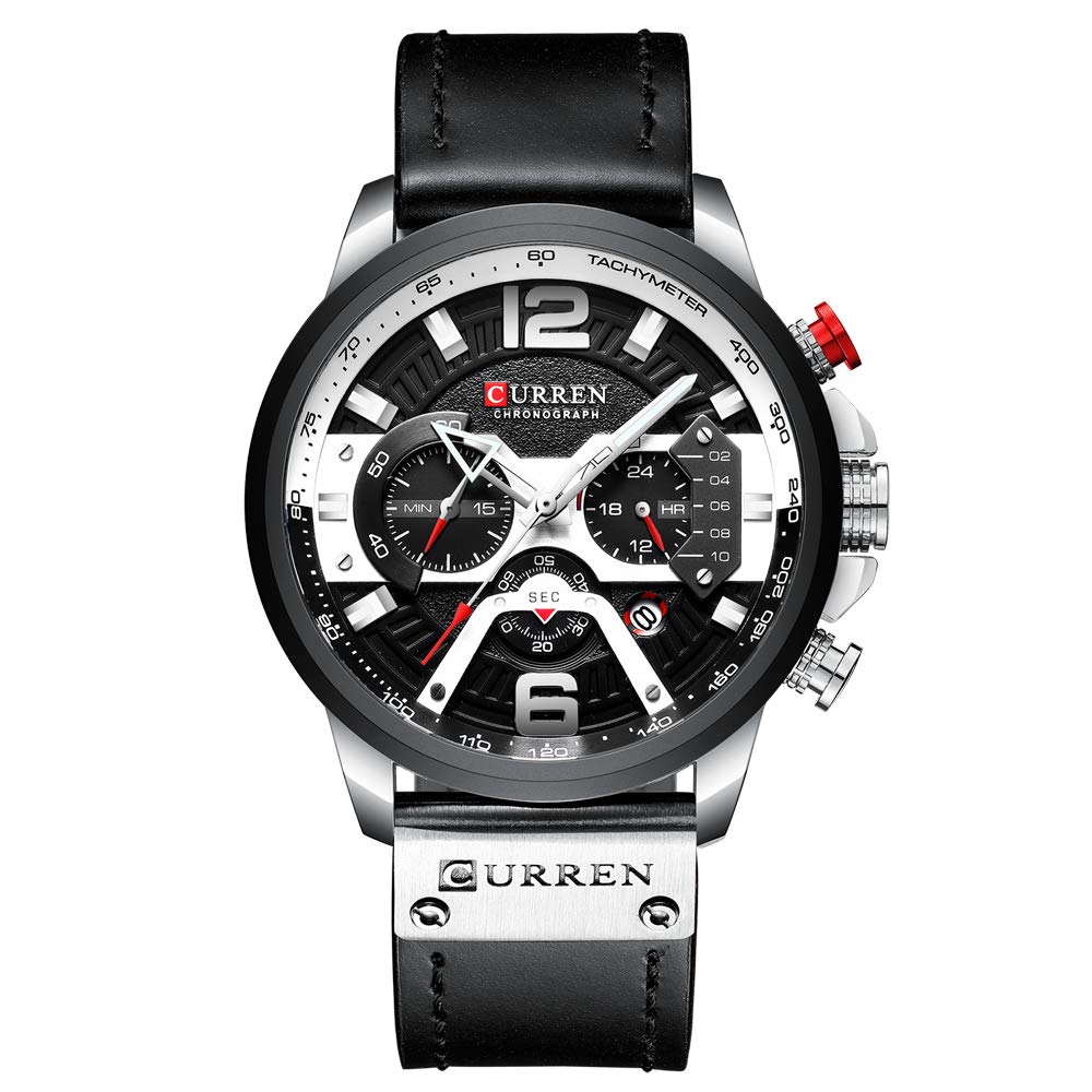 CURREN Men's 3 Dials Chronograph Quartz Watches with Leather Bracelet - Black