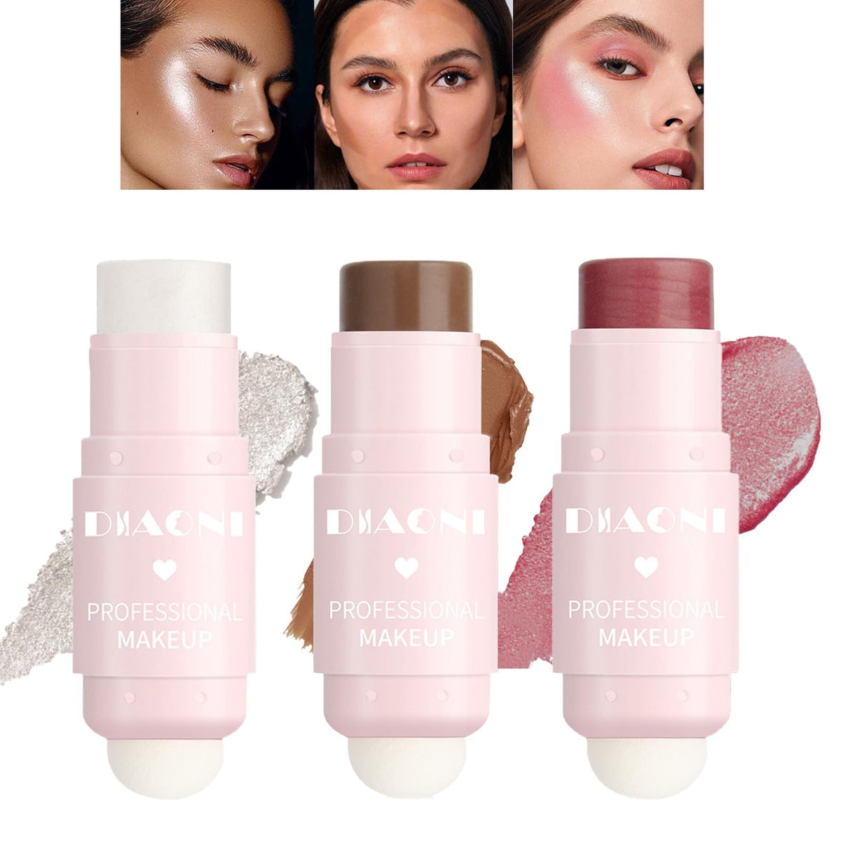 NALACAL 3 Pcs Cream Contour Sticks, Shades with Highlighter and Bronzer & Blush for Cheeks Eyes Lips Lightweight Dewy Finish Blush Stick Waterproof Long Lasting Contour Stick Trio Wand Face Makeup Set