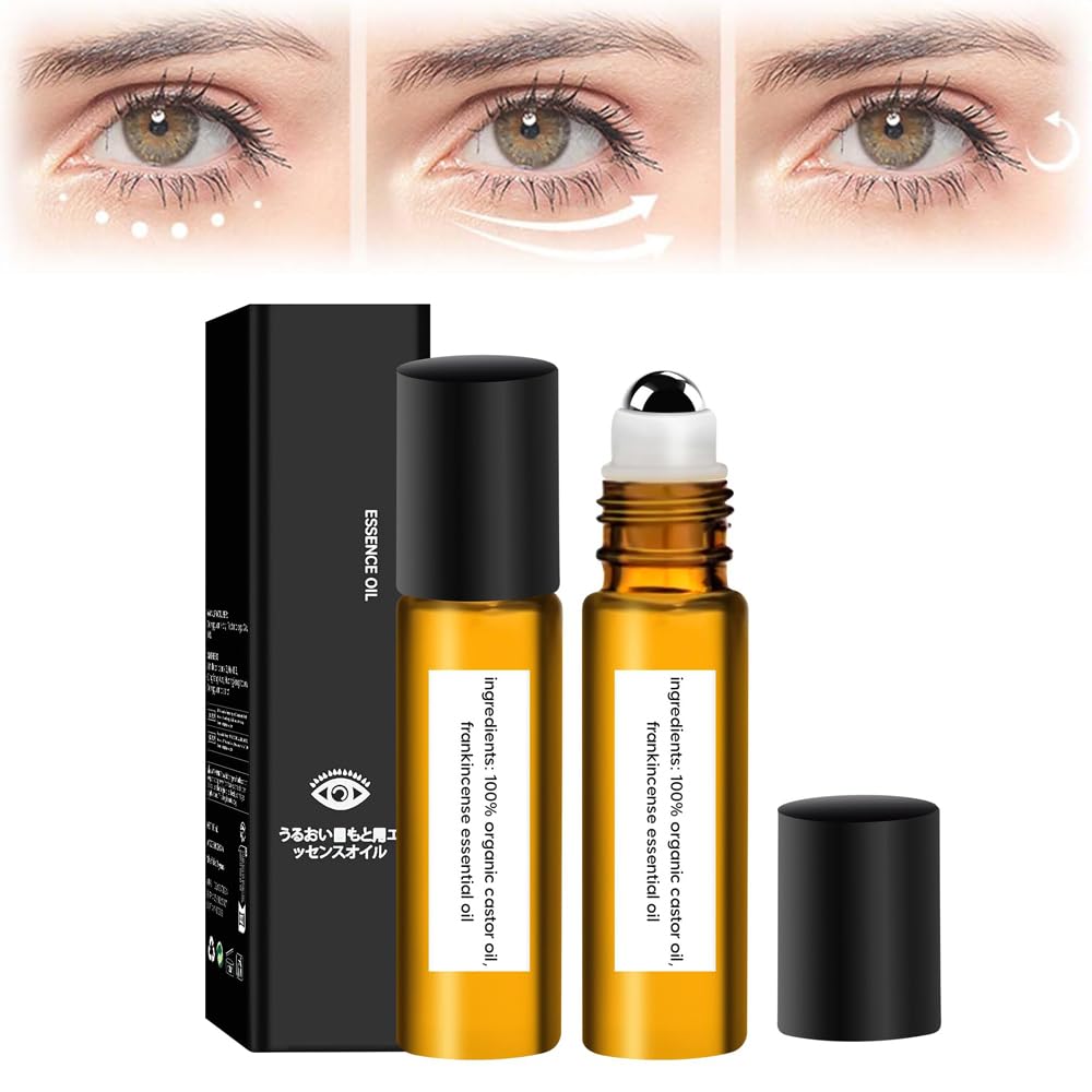 Azonee Time Eraser Rollerball Castor Oil 8ml, Under Eye Rollerball for Reducing Wrinkles, Puffiness, Eye Bags, Infused with Castor Oil & Frankincense, 2 Pcs