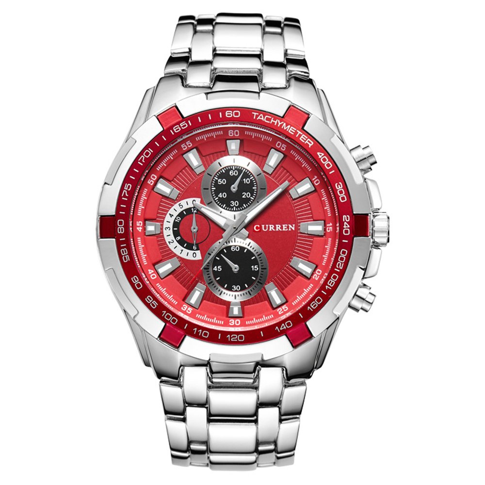 CURREN Mens Watches, Watches Quartz Analog Calendar,Wrist Watch for Men, Fashion Waterproof Stainless Steel Band-Red