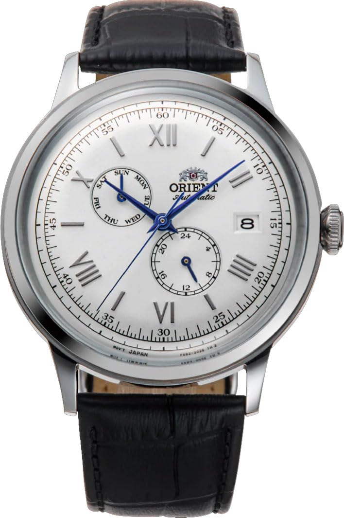 Orient RA-AK0701S Men's Bambino Version 8 Leather Band White Dial Multifunction Automatic Watch, white