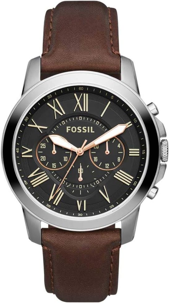 Fossil mens quartz watch, black chronograph display and leather strap - fs4813ie , brown