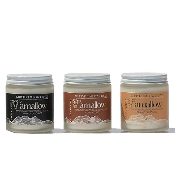 Amallow 100% Grass Fed Beef Tallow for Skin Care Scented Variety Bundle Face + Body Whipped Moisturizer 100% Natural Lotion, 4 FL. oz.