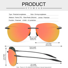 Polarized Sunglasses for Men Women Rimless Frame Driving Glasses UV400 Protection Mirror Lens Shades Sport Eyewear Eyeglasses