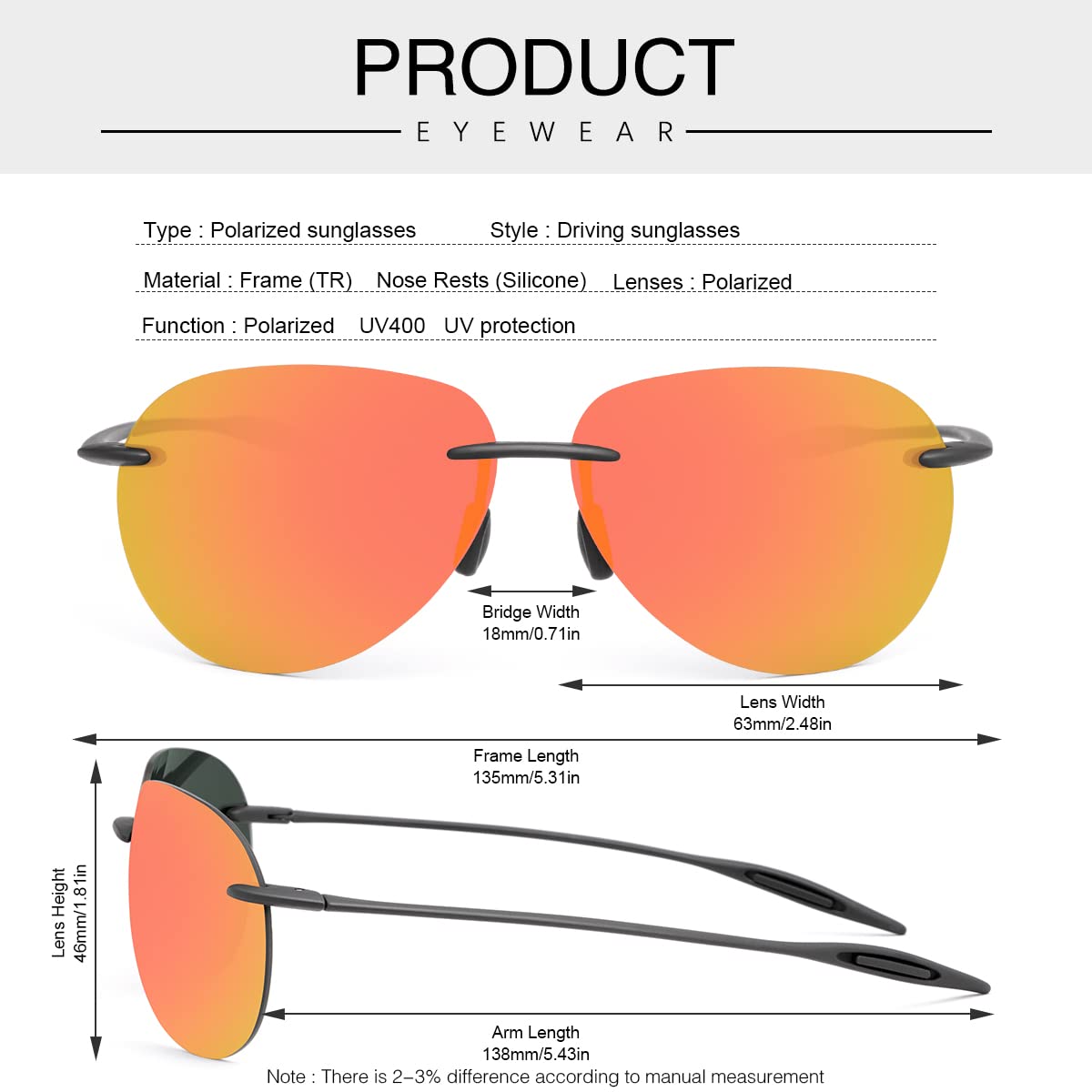 Polarized Sunglasses for Men Women Rimless Frame Driving Glasses UV400 Protection Mirror Lens Shades Sport Eyewear Eyeglasses