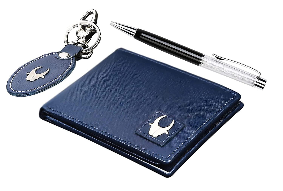 WildHorn® RFID Protected Genuine Leather Wallet & Gift Combo for Men - GIFTBOX150-Blue