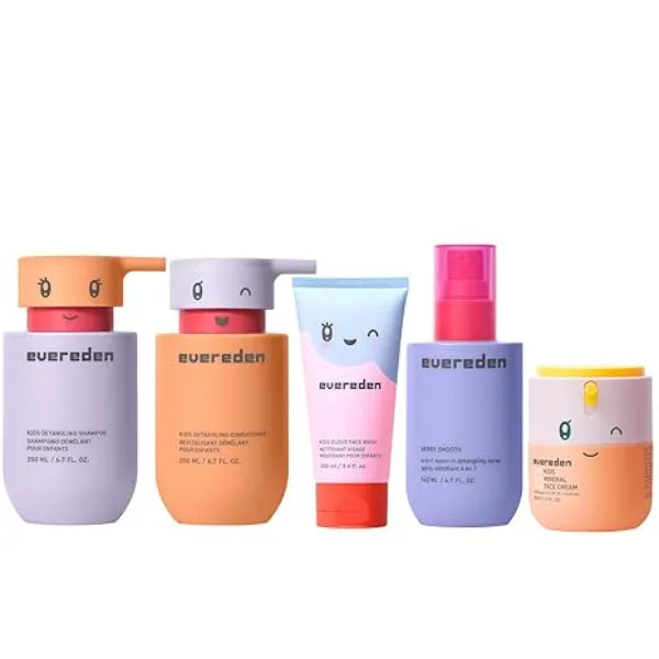 Evereden Kids Haircare & Skincare Bundle Detangling Shampoo Conditioner Leave In Detangling Spray Cloud Face Wash & SPF 20 Mineral Cream Clean, Vegan, Non Toxic for Ages 3+