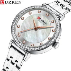 CURREN New Simple Thin Quartz Watch Women's Silver Stainless Steel Wrist Watch With Rhinestones - SILVER