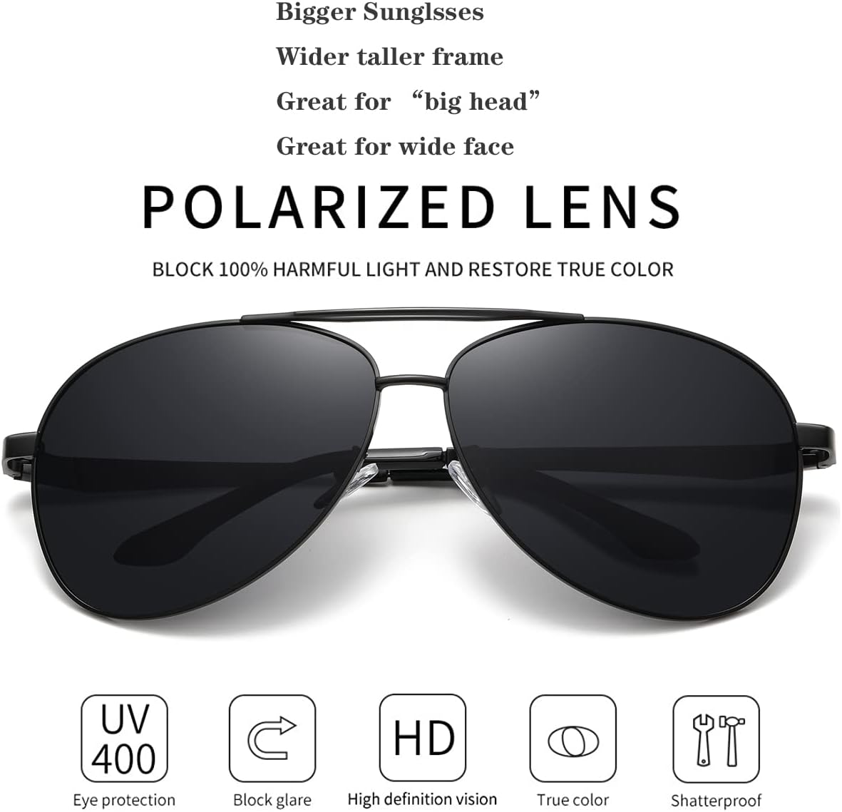 RCXKOOM Big XL Wide Frame Extra Large Polarized Aviator Sunglasses for Big Heads Men Oversized Military Pilot Glasses