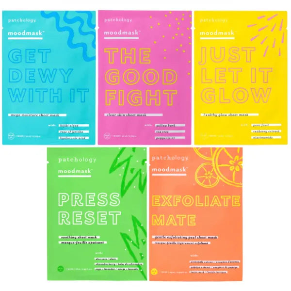 Patchology MoodMask Me-Time Face Mask Kit – Hydrating Sheet Masks for Glowing Skin, Exfoliating, Soothing, and Brightening - Includes 5 Facial Masks for Skincare Routine, Self-Care, Travel, and Weekly Use