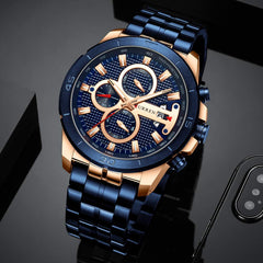 CURREN Quartz Watches for Men's Original Brand Calendar Multi-function style Waterproof Boys Steel Wrist Watch 8337 - Blue