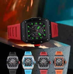 CURREN New Rectangular Luminous Watch Men Sports Casual Silicone Bracelet Semi Hollow Auto Date Dail Wristwatch 8438 - Red