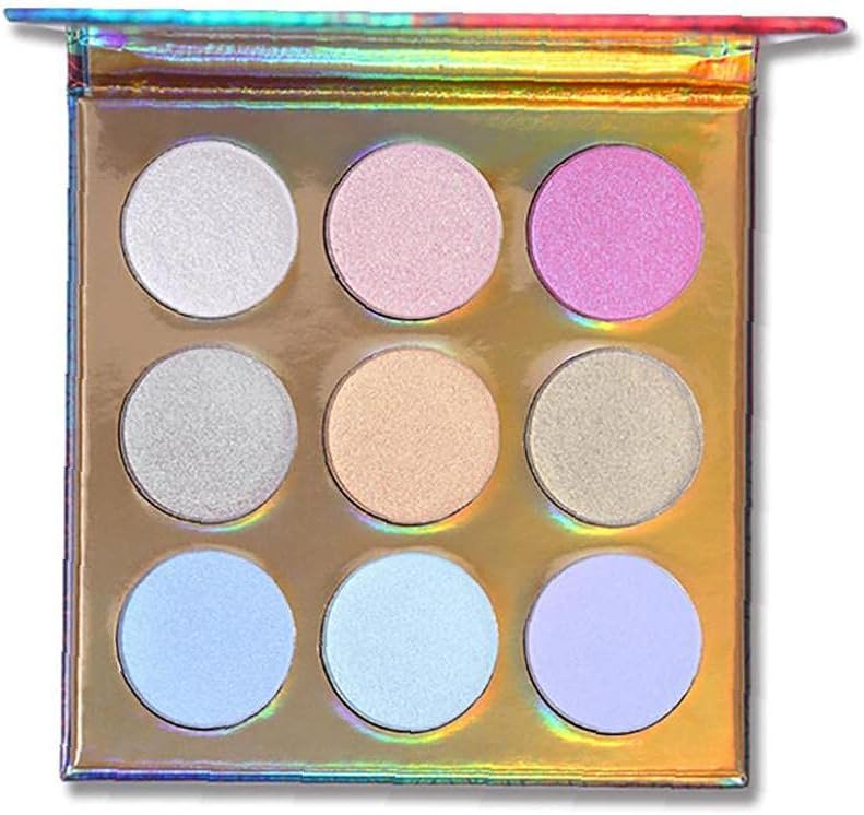 Holographic Highlighter Makeup Palette 9 Color Shimmer Eyeshadow Illuminating Glow Highlighting Metallic Bronzer Contour Cosmetics with Mirror Suitable for Women