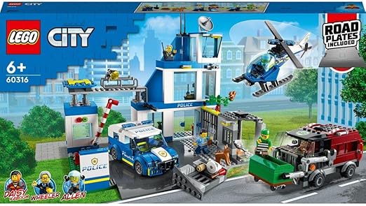 LEGO 60316 City Police Station with Van, Garbage Truck & Helicopter Toys, Gifts for 6 Plus Year Old Kids, Boys & Girls with 5 Minifigures and Dog Toy