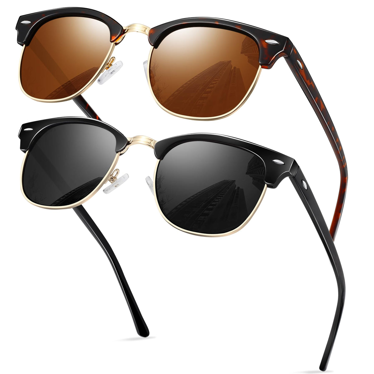KANASTAL Polarized Horn Rimmed Sunglasses for Men and Women, Classic Half Frame Sun Glasses, Semi Rimless Shades for Womens 100% UV400 Protection Driving
