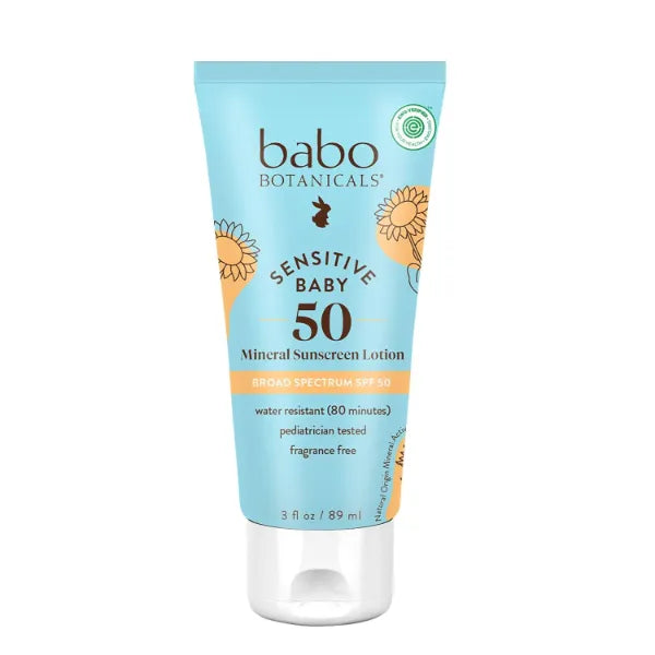 Babo Botanicals Sensitive Baby Mineral Sunscreen Lotion SPF50 - Natural Zinc Oxide - Face & Body - Fragrance-Free - Water-Resistant - Vegan - Extra Sensitive Skin - For Babies & Kids