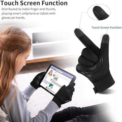 CLENEA Kids Winter Touch Screen Gloves, Waterproof Cold Weather Warm Running Sports Mittens, Full Finger Gloves, Splash Proof and Anti Slip, Skin Friendly, for Aged 8-10 Boy and Girl, Black