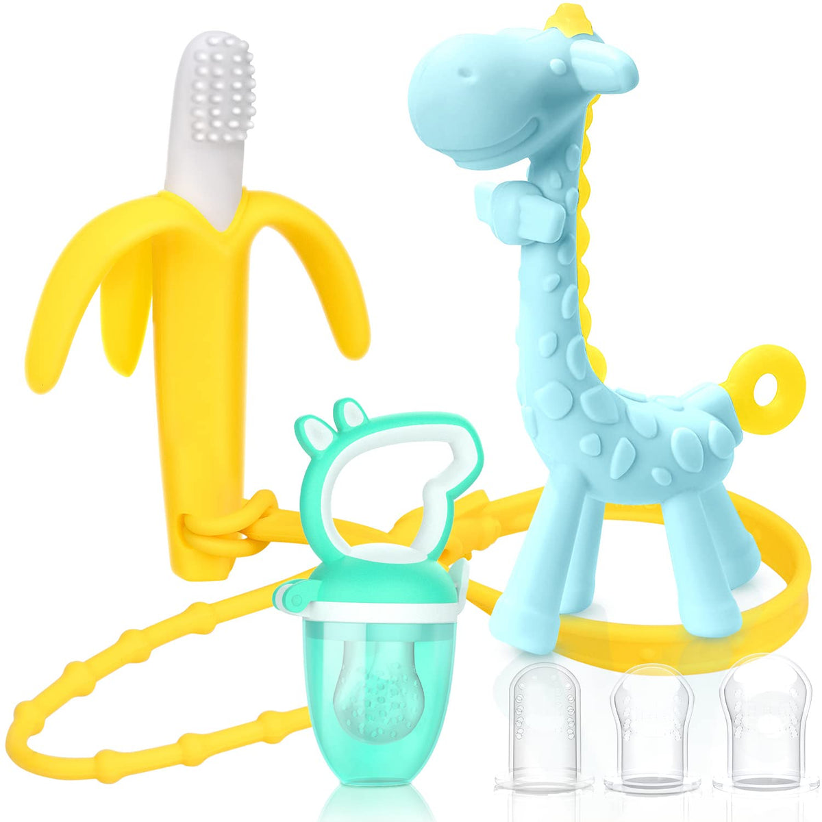 SHARE&CARE Baby Teething Toys for Girls and Natural Organic Fruit Feeder Pacifier/Baby Teether Chew Toys Fresh Food Feeder/ 1 Teethers and 1 Feeder with 3 Silicone Sacs - Blue/Yellow