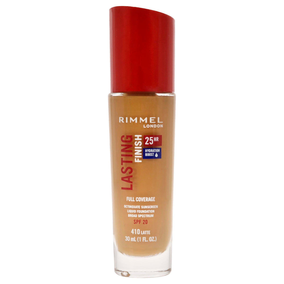 Rimmel London Lasting Finish 25HR - 410 Latte - Foundation, 25-Hour Wear, Full Coverage, Waterproof, 1oz