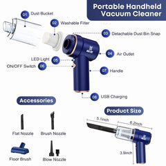KALI JOY Car Vacuum Cleaner Cordless, Portable Handheld Vacuum Air Duster, Portable for Car, Home, Office, Pet, USB Rechargeable, Blow 2 In 1 9000PA/120W Powerful Suction (BLUE)