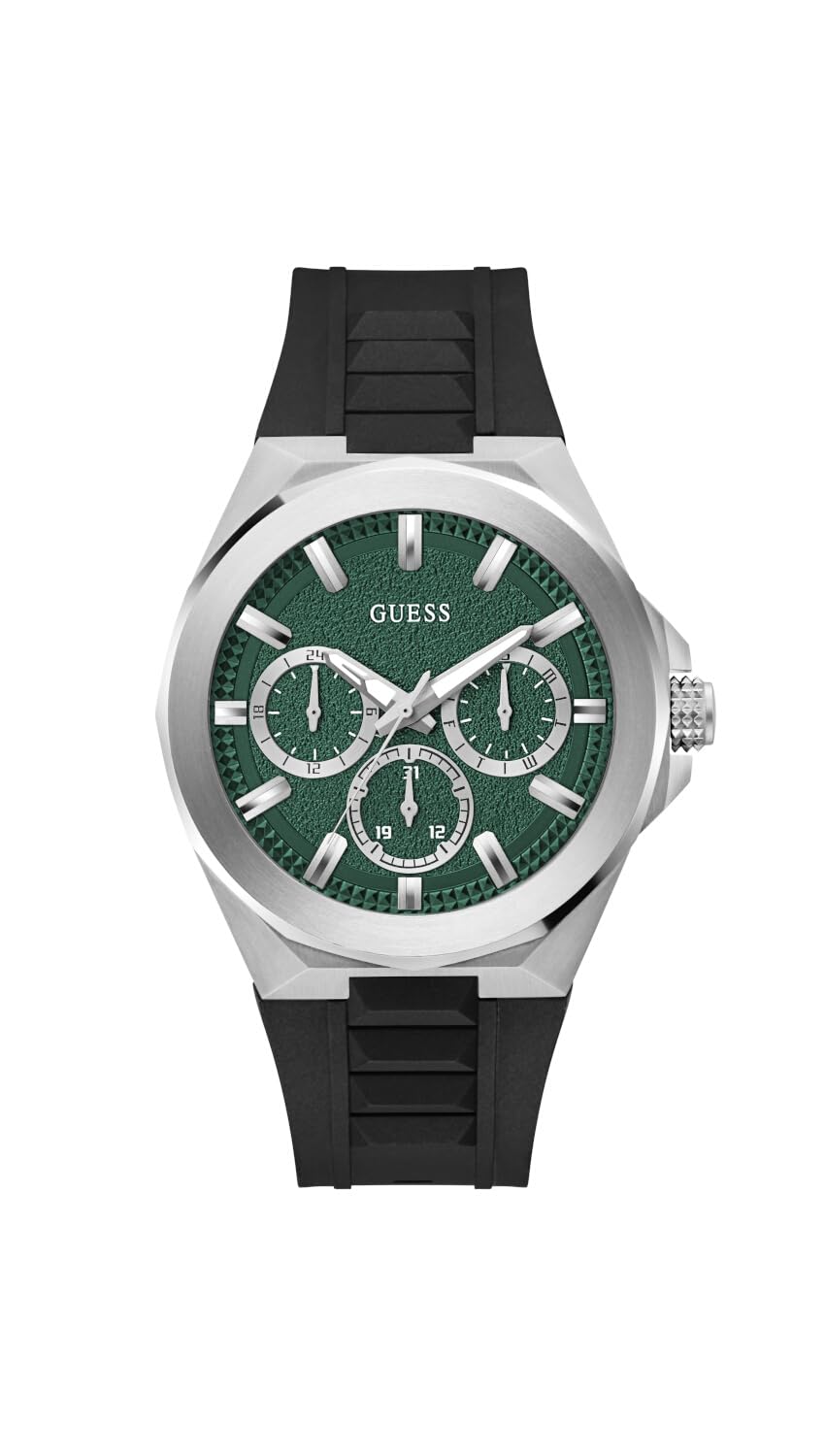 GUESS BR SLV CS W/BR SLV TR W/P SLV CHAMFER/SUN GREEN MF DL/BLK TEXTURED SILICONE STRP