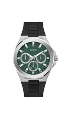 GUESS BR SLV CS W/BR SLV TR W/P SLV CHAMFER/SUN GREEN MF DL/BLK TEXTURED SILICONE STRP