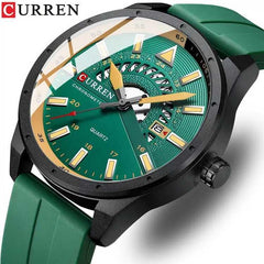Top Brand Curren 8421 Man Quartz Watch Breathable Rubber Strap Date Display Sport Watches - GREEN